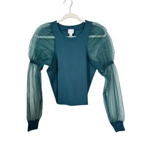Maeve Anthropologie Teal Sheer Tulle Puff Sleeve Knit Top Crew Neck XS New